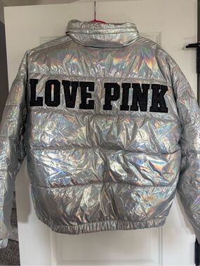PINK Victoria's Secret Y2K Iridescent Silver Holographic Puffer Jacket